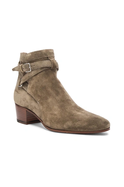 Shop Saint Laurent Suede Blake Buckle Boots In Kaki Washed