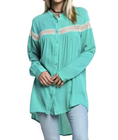 Kori Button Up Lace Trim Tunic In Mint In Green