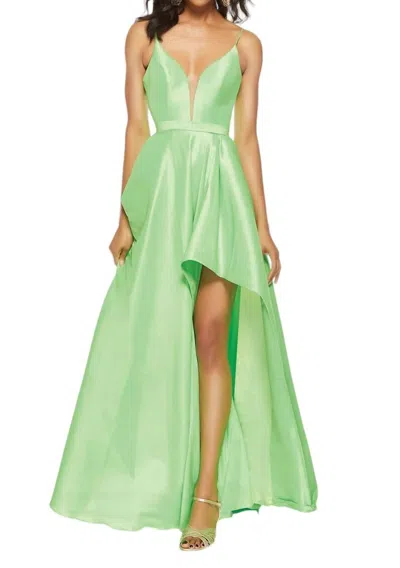 Alyce Paris Plunging Neck Strappy Back High-low Taffeta Gown In Lime In Green
