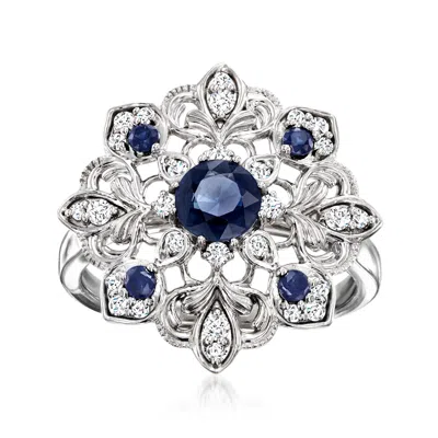 Ross-simons Sapphire And . Diamond Milgrain Ring In Sterling Silver In Blue