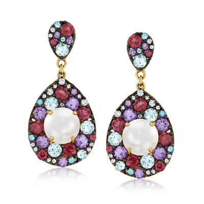 Ross-simons 10-10.5mm Cultured Pearl And Multi-gemstone Drop Earrings In 18kt Gold Over Sterling In Purple