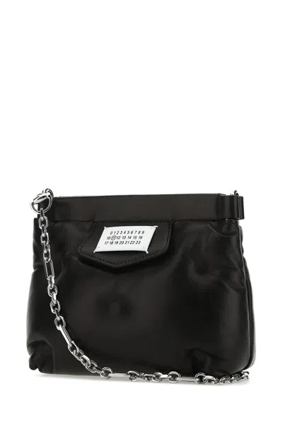 Maison Margiela Puffy Jet-black Leather Bag With Logo Patch And Silver Hardware