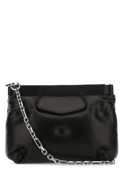 Maison Margiela Puffy Jet-black Leather Bag With Logo Patch And Silver Hardware