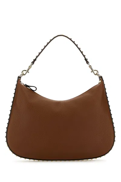 Valentino Brown Leather Hobo Rockstud Shoulder Bag