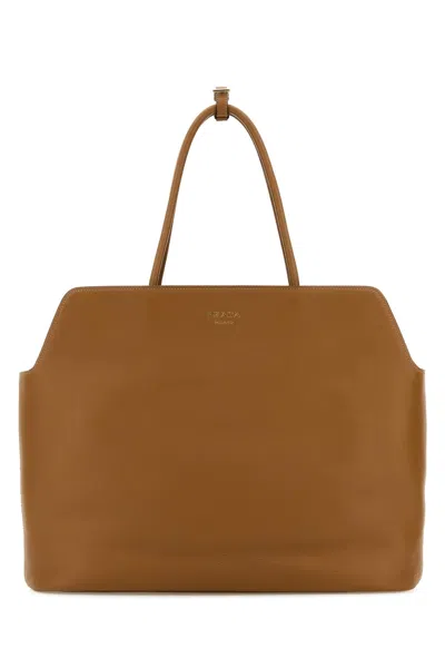 Prada Leather Shopping Bag With Structured Shape And Top Handles In Brown