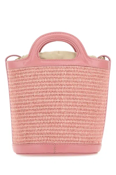 Marni Woman Pink Leather And Raffia Tropicalia Bucket Bag