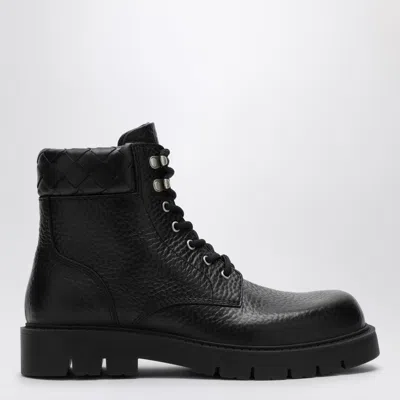 Bottega Veneta Black Grained Calf Leather Haddock Lace Up Ankle Boots In Black