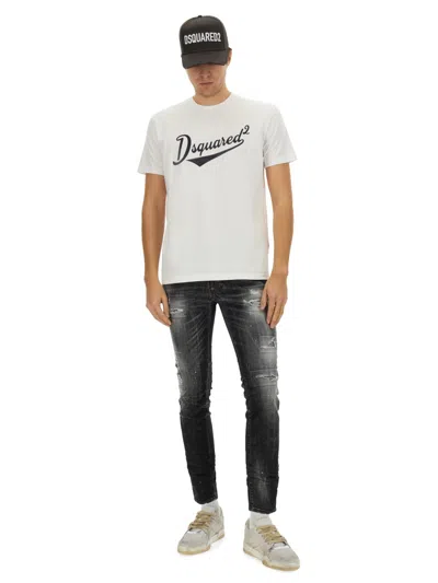 Dsquared2 White T-shirt With Logo Print On The Front In Cotton Man In White