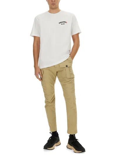 Dsquared2 Men White Crewneck T-shirt With Logo Lettering On The Front In Cotton Man In White