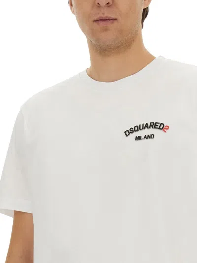 Dsquared2 Men White Crewneck T-shirt With Logo Lettering On The Front In Cotton Man In White