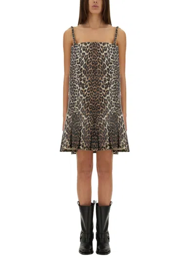 Ganni Leopard Print Mini Dress In Multicolor