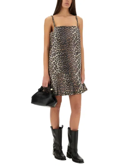 Ganni Leopard Print Mini Dress In Multicolor