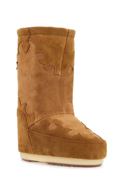 Moon Boot High Suede Boots In Cognac With Wedge Embroidery