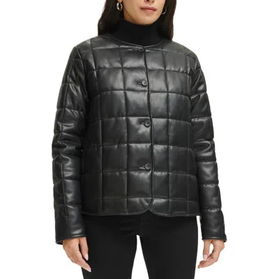 Calvin Klein Womens Quiled Faux Leather Puffer Jacket In Black