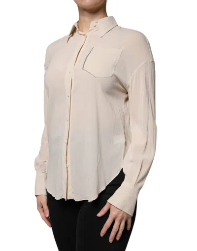 Pre-owned Brunello Cucinelli Beige Silk Blend Collared Button Down Women's Top ()