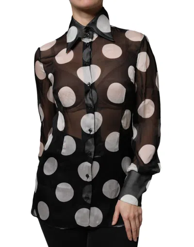 Pre-owned Dolce & Gabbana Black White Polka Dots Silk Long Sleeves Women's Top () In Black And White