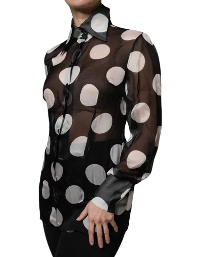 Pre-owned Dolce & Gabbana Black White Polka Dots Silk Long Sleeves Women's Top () In Black And White