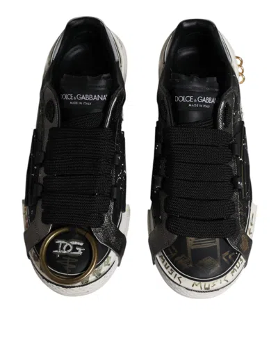 Pre-owned Dolce & Gabbana Black White Portofino Low Top Sneakers Men's Shoes () In Black And White