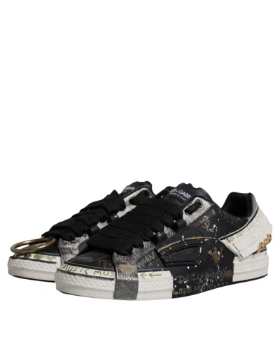 Pre-owned Dolce & Gabbana Black White Portofino Low Top Sneakers Men's Shoes () In Black And White