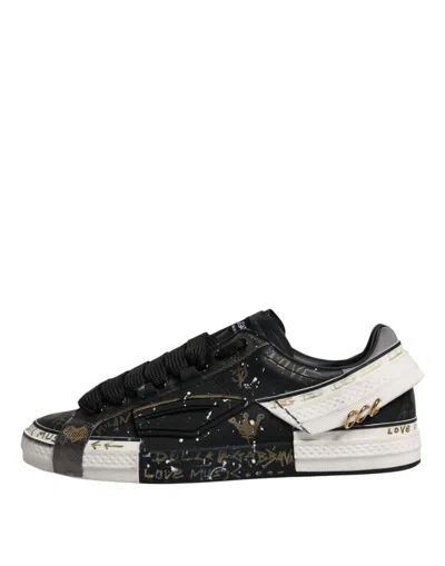 Pre-owned Dolce & Gabbana Black White Portofino Low Top Sneakers Men's Shoes () In Black And White