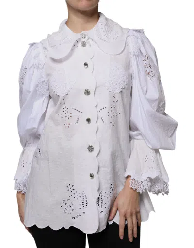 Pre-owned Dolce & Gabbana White Cotton Lace Trim Collared Blouse Women's Top ()