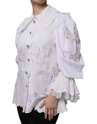 Pre-owned Dolce & Gabbana White Cotton Lace Trim Collared Blouse Women's Top ()