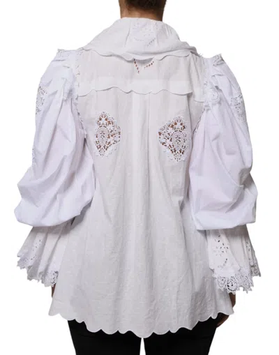 Pre-owned Dolce & Gabbana White Cotton Lace Trim Collared Blouse Women's Top ()