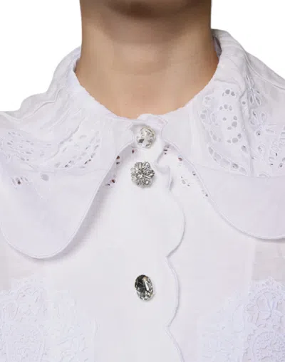 Pre-owned Dolce & Gabbana White Cotton Lace Trim Collared Blouse Women's Top ()