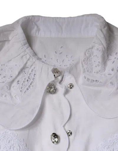 Pre-owned Dolce & Gabbana White Cotton Lace Trim Collared Blouse Women's Top ()