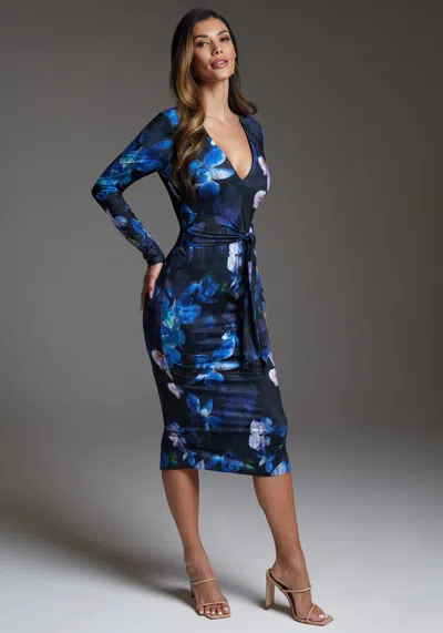 Bebe Tie Waist Printed Midi In Midnight Bloom