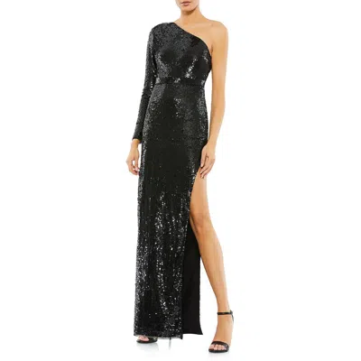 Mac Duggal Sequin One-shoulder Long Sleeve Column Gown In Black