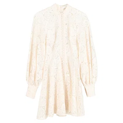 Zimmermann Lace Mini Button-down Long Sleeve Dress In Cream Polyester In White