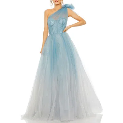 Mac Duggal Glitter One-shoulder Ombre Gown With Bow In Blue