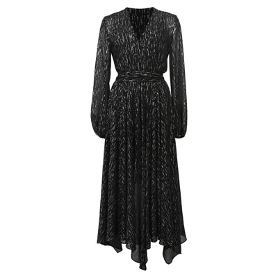 Maje Route Gathered Metallic Midi Long Sleeve Dress In Black Polyester In Black