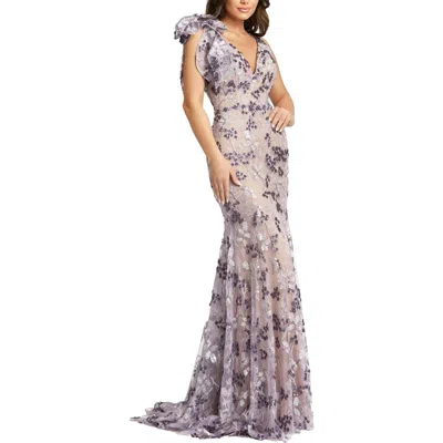 Mac Duggal Sequin Floral Bow Shoulder Trumpet Gown In Green