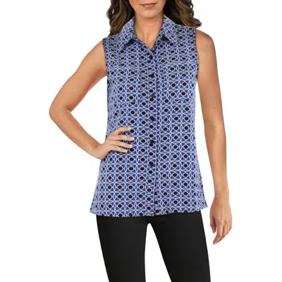 Ny Collection Petites Womens Printed Collar Button-down Top In Blue