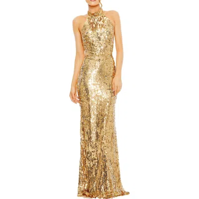 Mac Duggal Open Back High Neck Sequin Gown In Multi