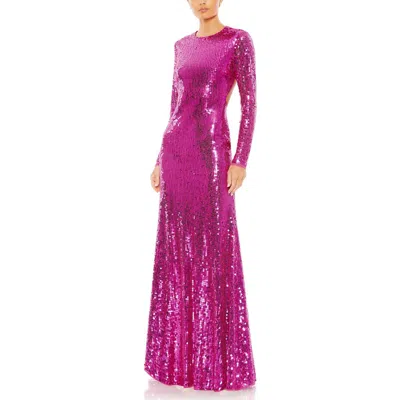 Mac Duggal Sequin Open Back Long Sleeve Column Gown In Pink