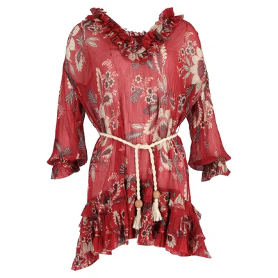 Zimmermann Floral Print Mini Ruffled Dress In Red Polyester In Red