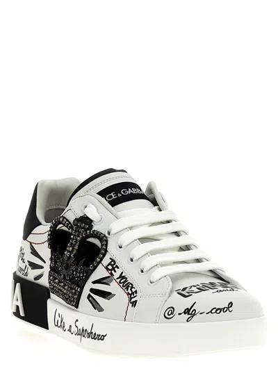 Dolce & Gabbana White Low Top Sneakers With Logo Patch On The Tongue And All-over Print In Leather Man