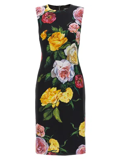 Dolce & Gabbana Peony Rose Print Sleeveless Charmeuse Midi Dress