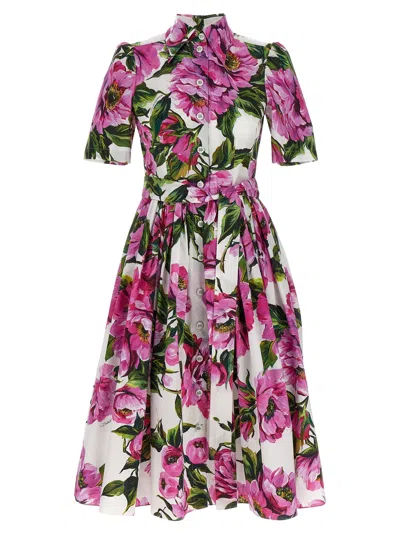 Dolce & Gabbana Pink Crewneck Dress With Logo Lettering Detail On The Front And All-over Floral Motif In Cotton Woma