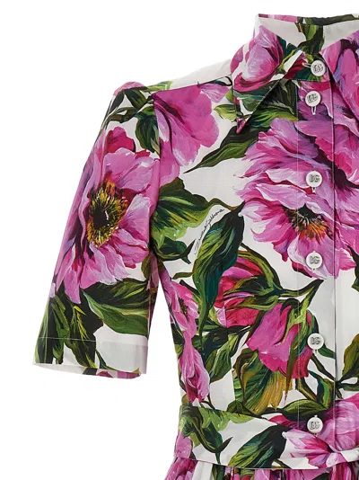 Dolce & Gabbana Pink Crewneck Dress With Logo Lettering Detail On The Front And All-over Floral Motif In Cotton Woma