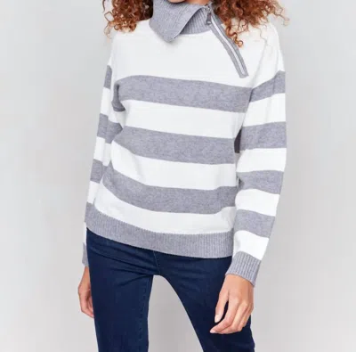 CHARLIE B STRIPED TURTLENECK SWEATER WITH ZIPPER DETAIL IN GREY 