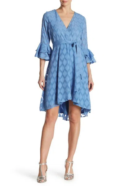 Gabby Skye Bell Above Knee Sleeve Tie Waist Wrap Dress In Blue In Blue