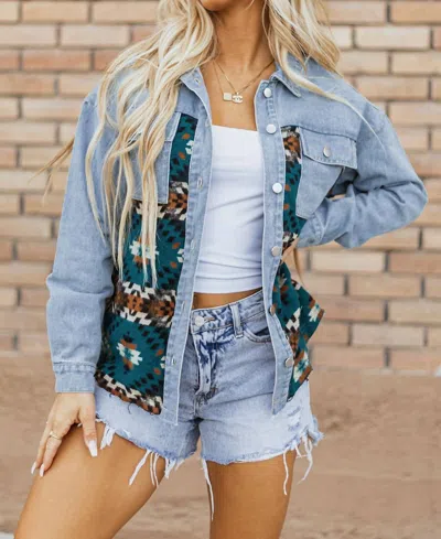 Fashionworks Aztec Printed Denim Jacket In Blue In Blue
