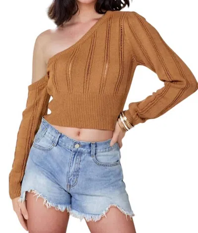 DAVI & DANI KENDRA POINTELLE KNIT ONE-SHOULDER SWEATER TOP IN TOFFEE 