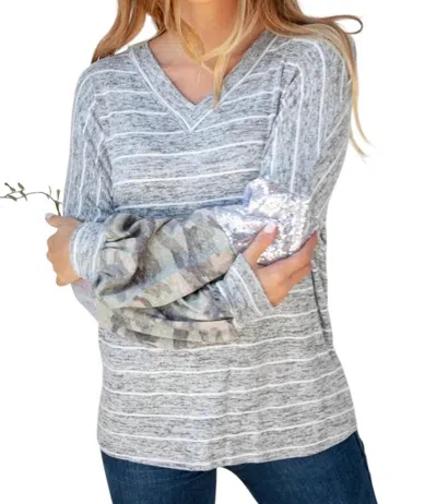 Haptics Silver Sequin Camo Sleeve Sweater In Grey In Grey