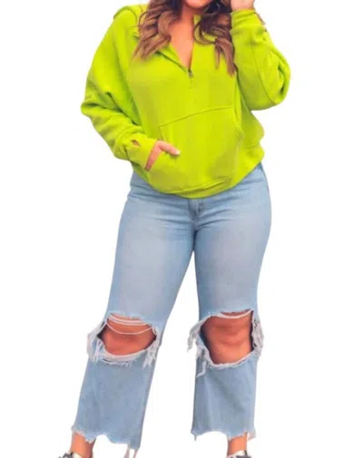 Jess Lea Kenna Hooded Quarter Zip Sweatshirt With Thumb Holes In Neon Green In Green