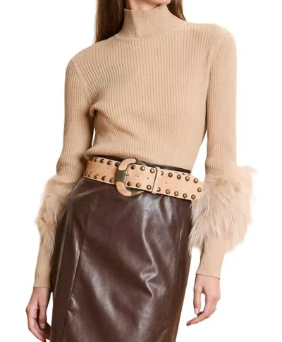 Tyler Boe Cashmere Mock Neck With Fur Sweater In Sable In Blue